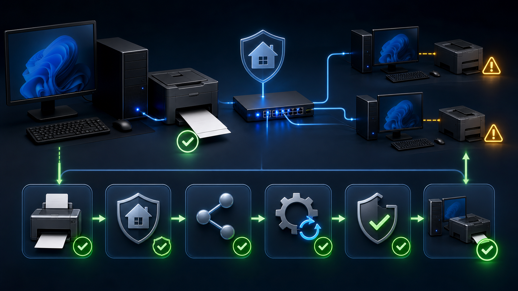 Diagram alur troubleshooting Cara Mengatasi Windows 10/11 Gagal Share Printer di Jaringan LAN