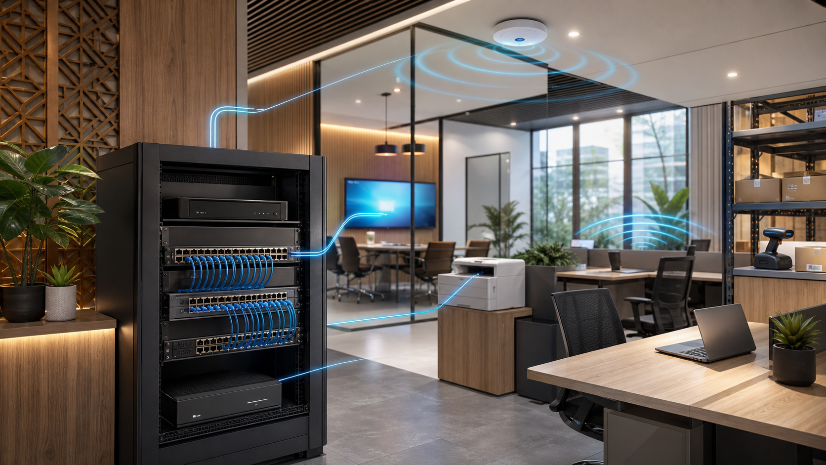 Ilustrasi konsep utama Desain Jaringan Kantor yang Stabil untuk Perangkat Kabel dan Wireless - Edisi 20260902