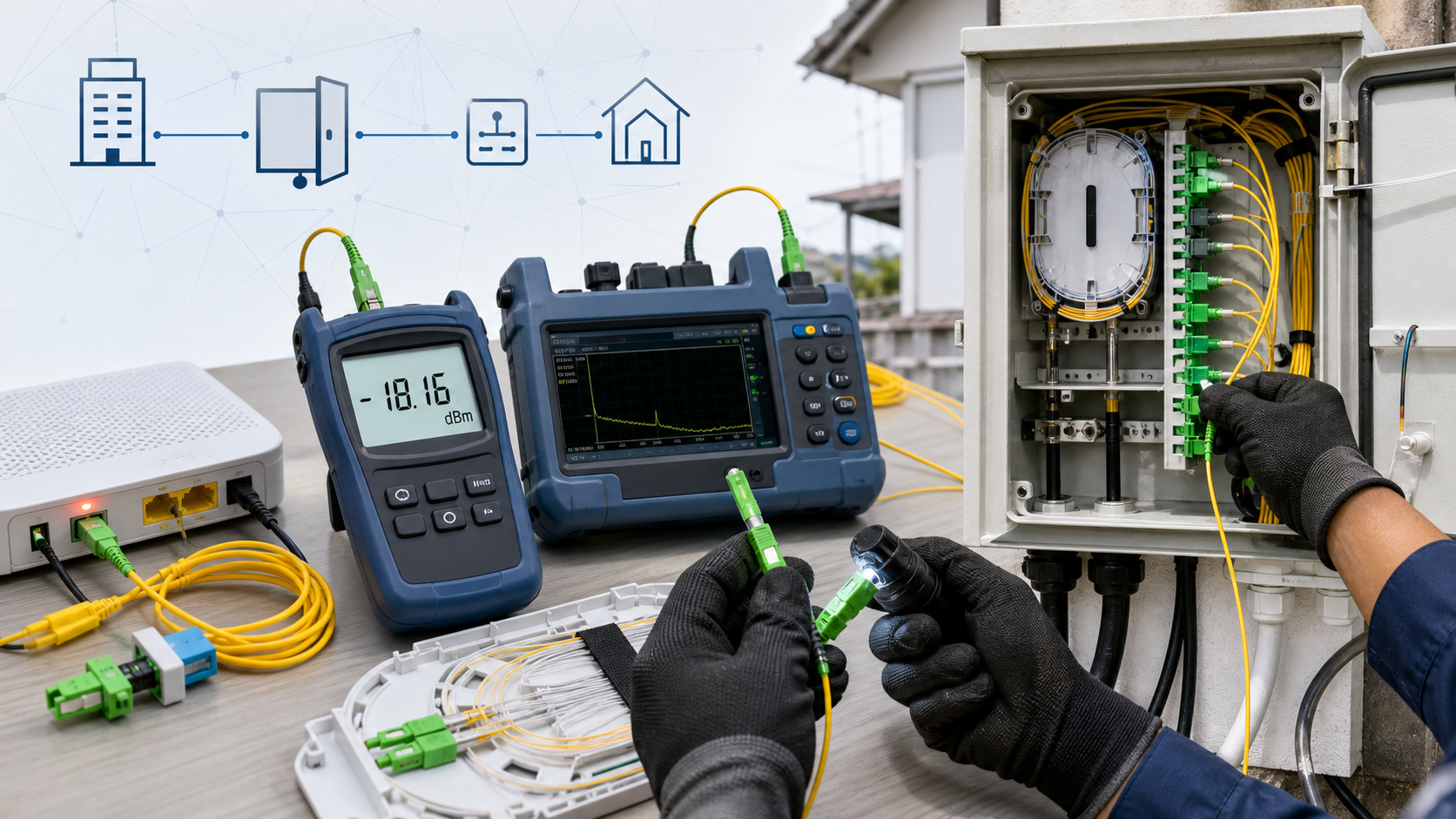 Ilustrasi troubleshooting fiber optik dengan OPM, OTDR, ODP, dan ONT
