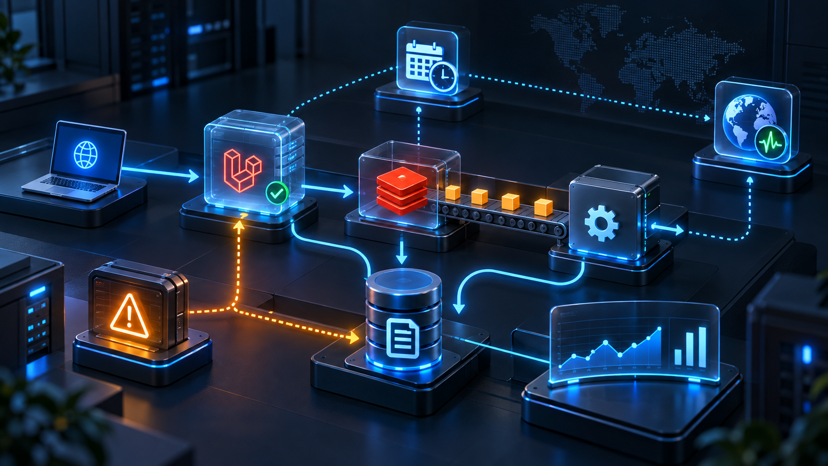 Diagram alur troubleshooting Tutorial Monitoring Aplikasi Laravel, Queue, Scheduler, dan API - Edisi 20260911